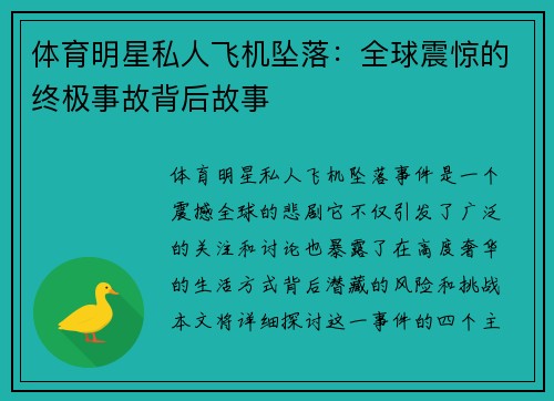 体育明星私人飞机坠落：全球震惊的终极事故背后故事