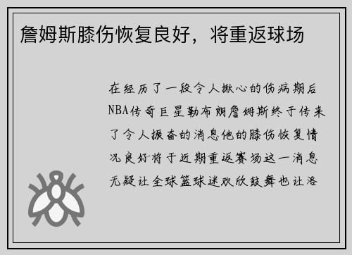 詹姆斯膝伤恢复良好，将重返球场